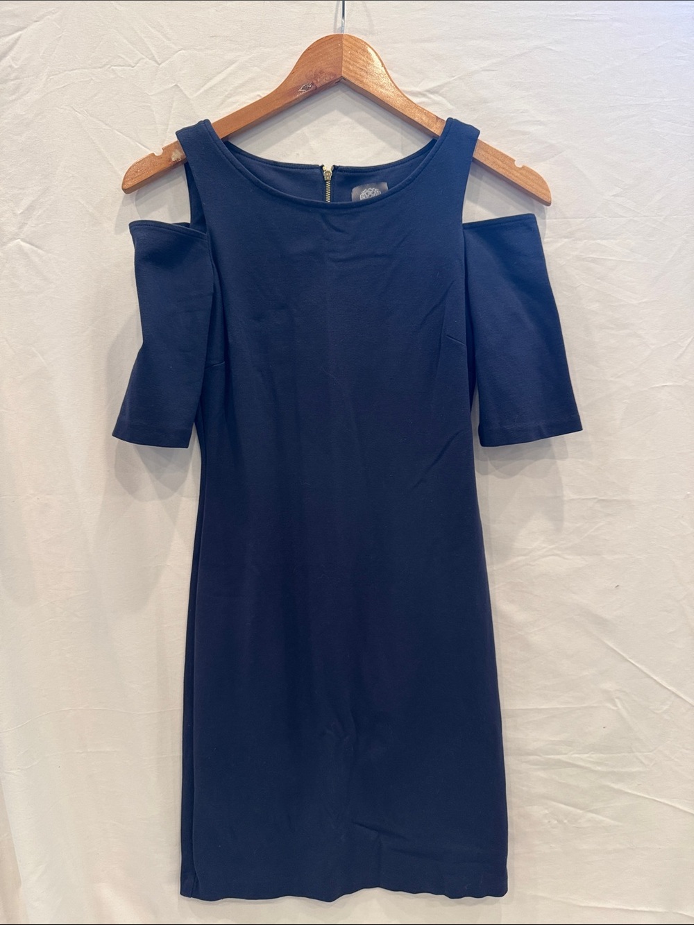 Vince Camuto Navy Blue Off-Shoulder Mini Sheath Dress, Size Small